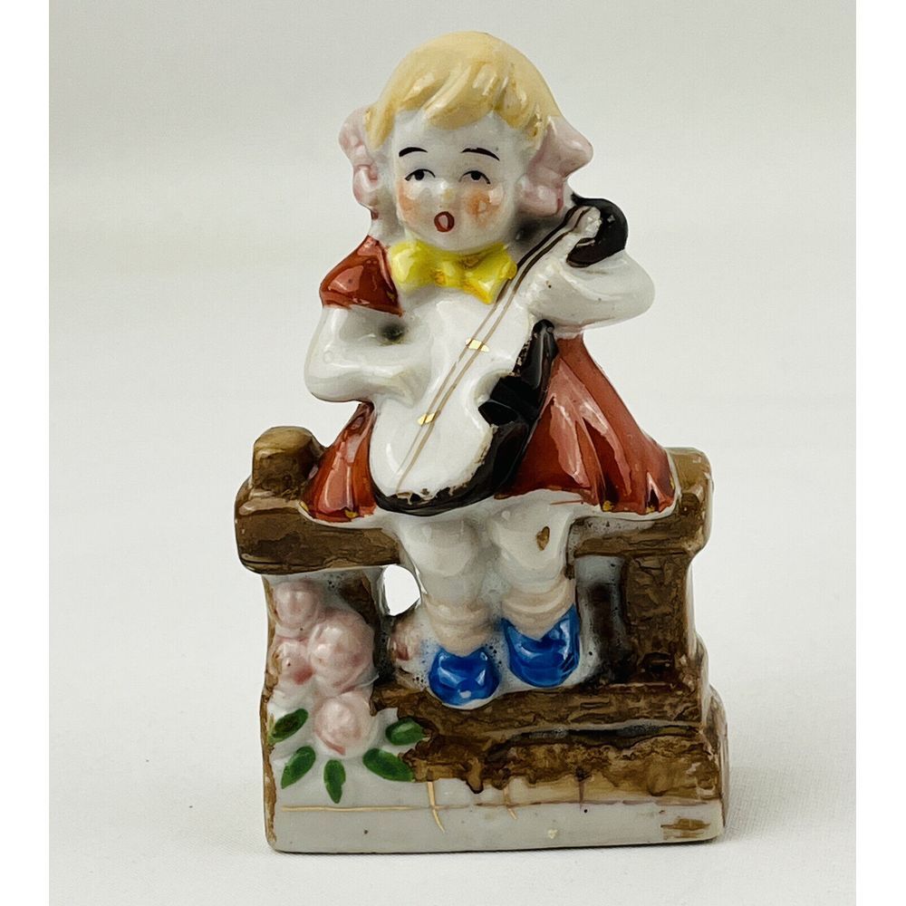 Vintage Girl On Fence Playing String Instrument Made In Occupied Japan Porcelain